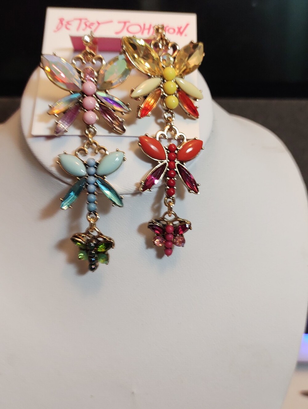 Betsey Johnson Multicolor Dragonfly Drop Earrings - Colorful Crystal Statement - Picture 2 of 5